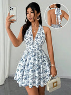 Floral Print Halter V-Neck Mini Dress With Flowy A-Line Summer Silhouette