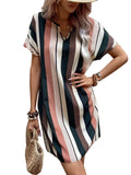 Striped Notched Neck Relaxed Short Sleeve Mini Dress for Everyday Style