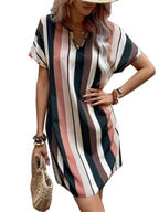Striped Notched Neck Relaxed Short Sleeve Mini Dress for Everyday Style