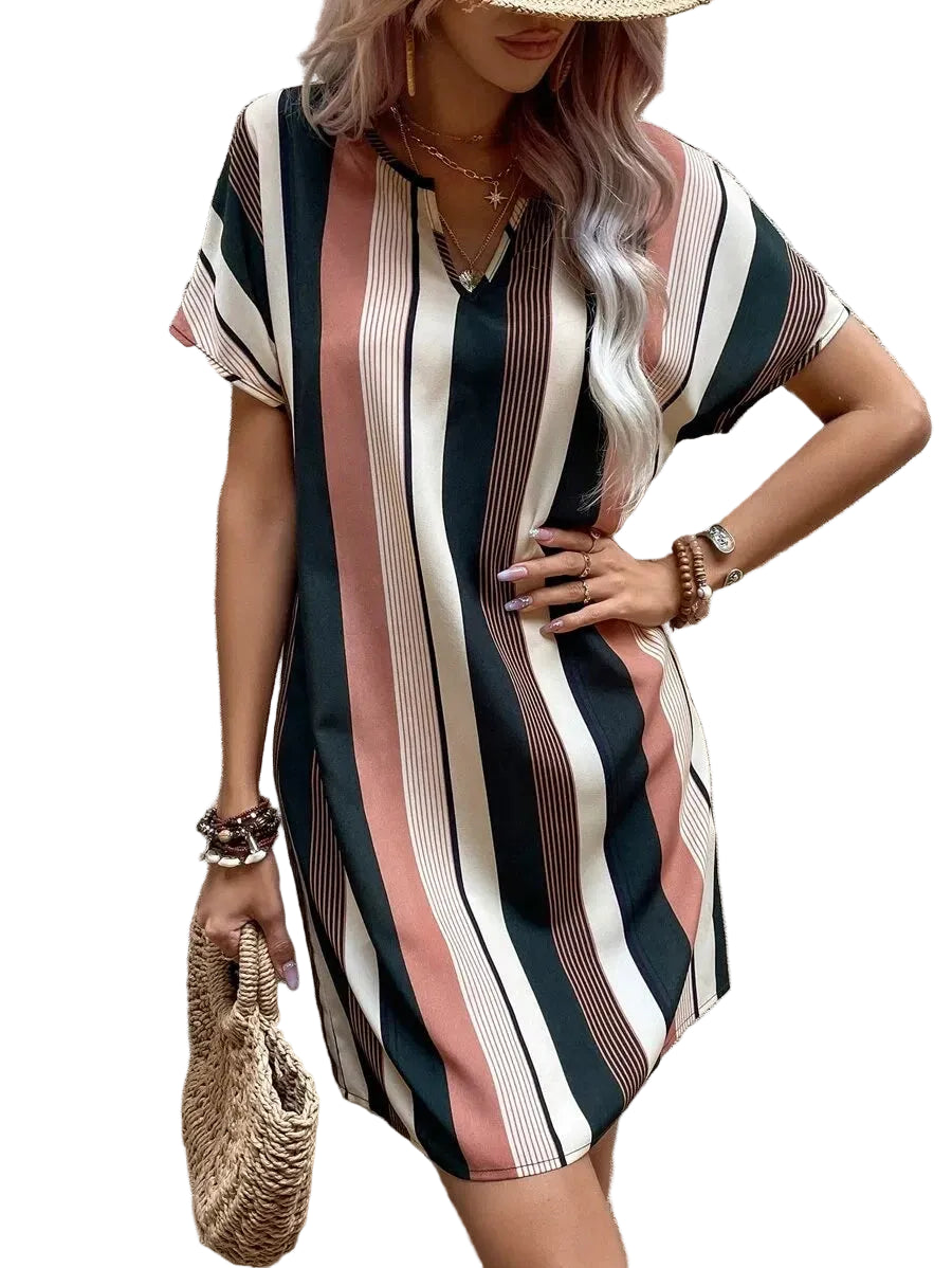 Striped Notched Neck Relaxed Short Sleeve Mini Dress for Everyday Style