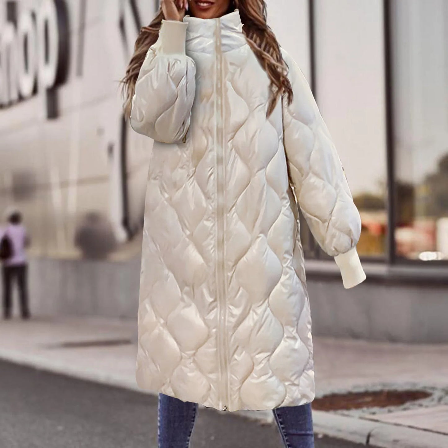 Women's Hooded Quilted Mid-Length Puffer Jacket with Diamond Stitch Streetwear Winter Outerwear