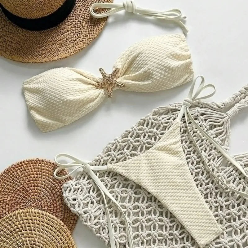 Textured Bandeau String Bikini with Starfish Hardware and Side-Tie Bottom