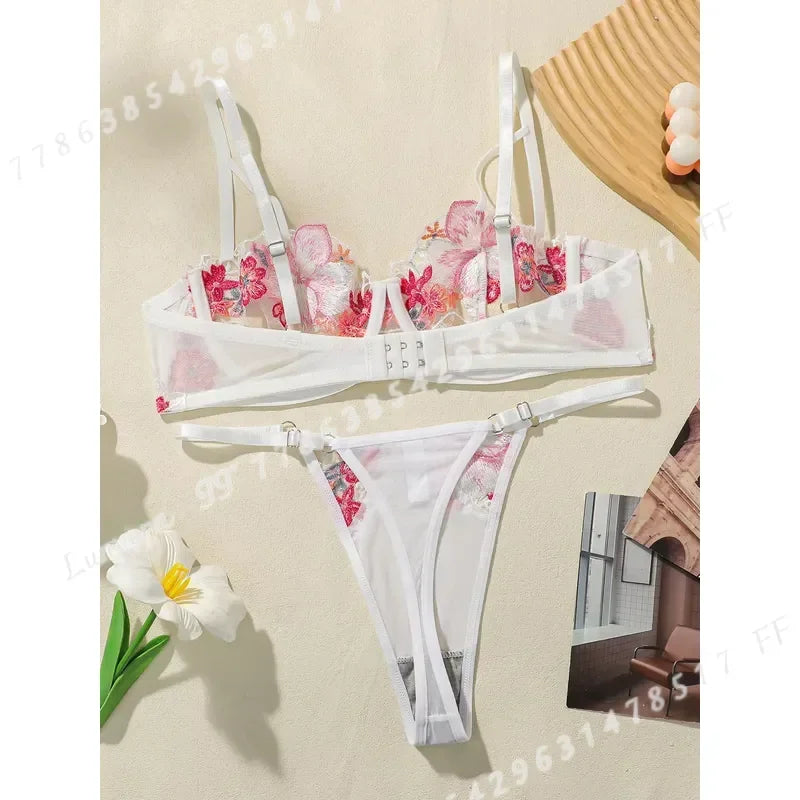 Vibrant Pink Floral Embroidered Sheer Mesh Underwire Bra and Thong Set