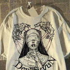 Oversized Vintage Figure Graphic Cotton T-Shirt with Gothic Streetwear Artwork