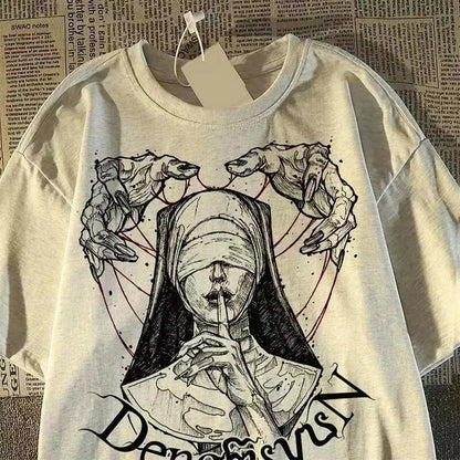 Oversized Vintage Figure Graphic Cotton T-Shirt with Gothic Streetwear Artwork