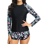 Two-Piece Long Sleeve Rash Guard Swimsuit with Tropical Botanical Print and Boy Shorts