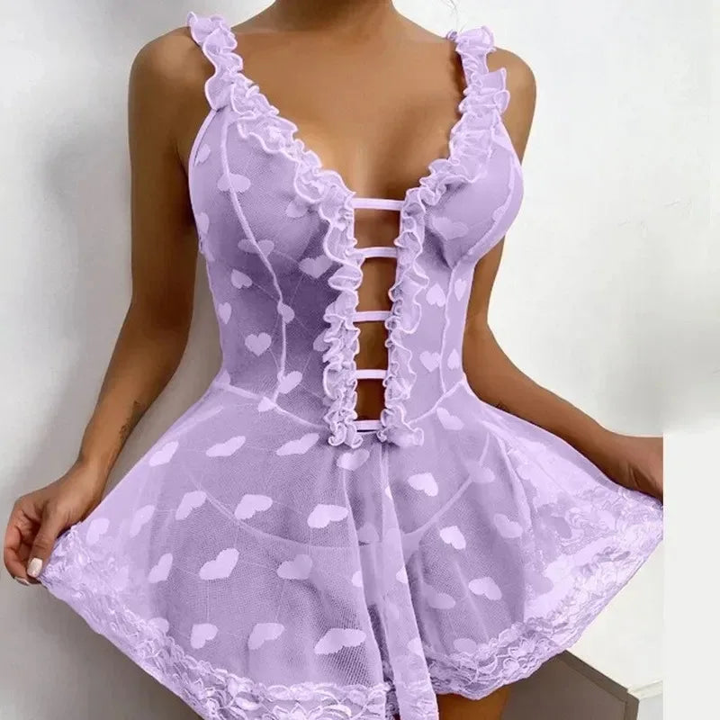 Sheer Lavender Mesh Babydoll Dress with Ruffled Straps and Lace-Up Front
