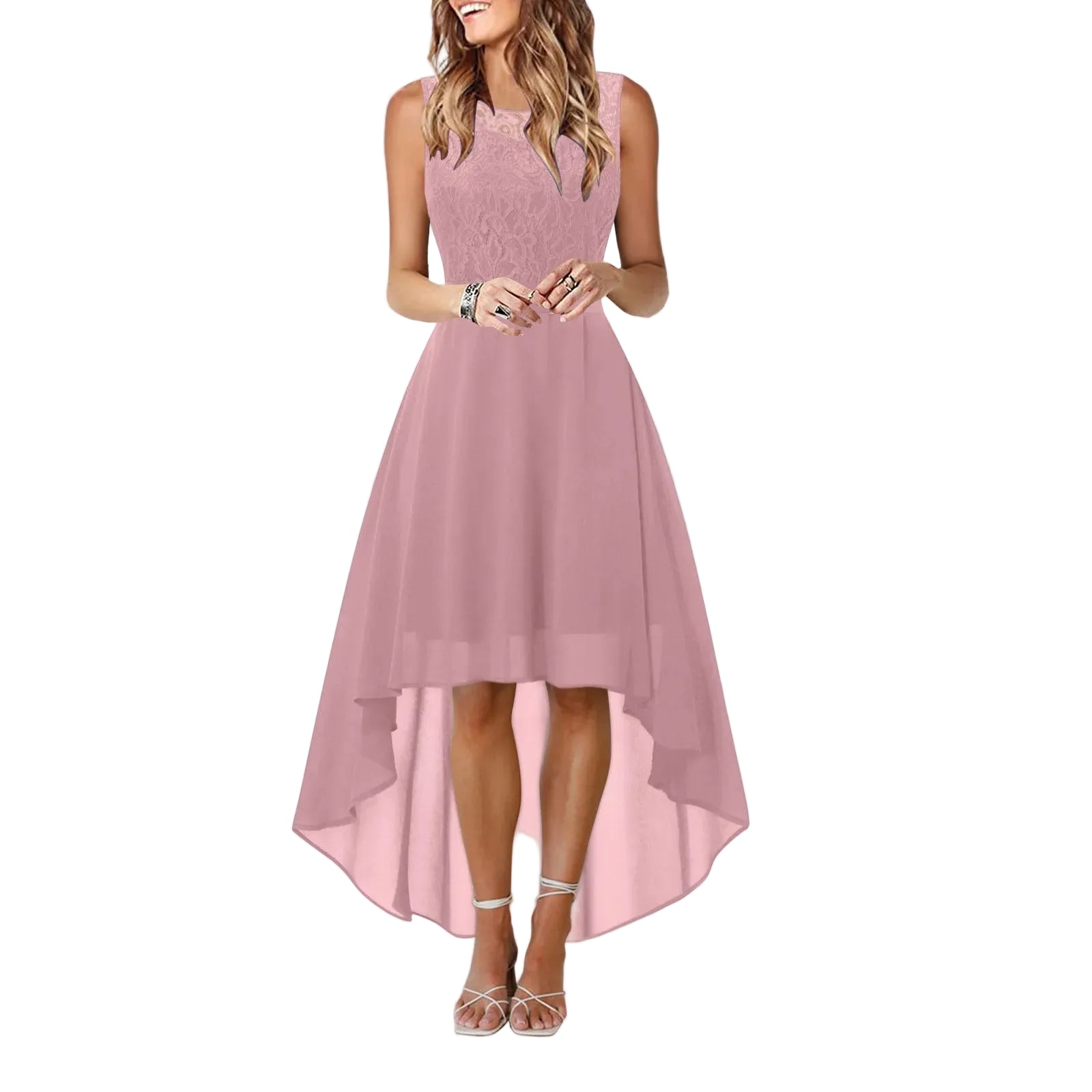 Sleeveless High Low Midi Dress with Waist Tie and Flowing A-Line Shape
