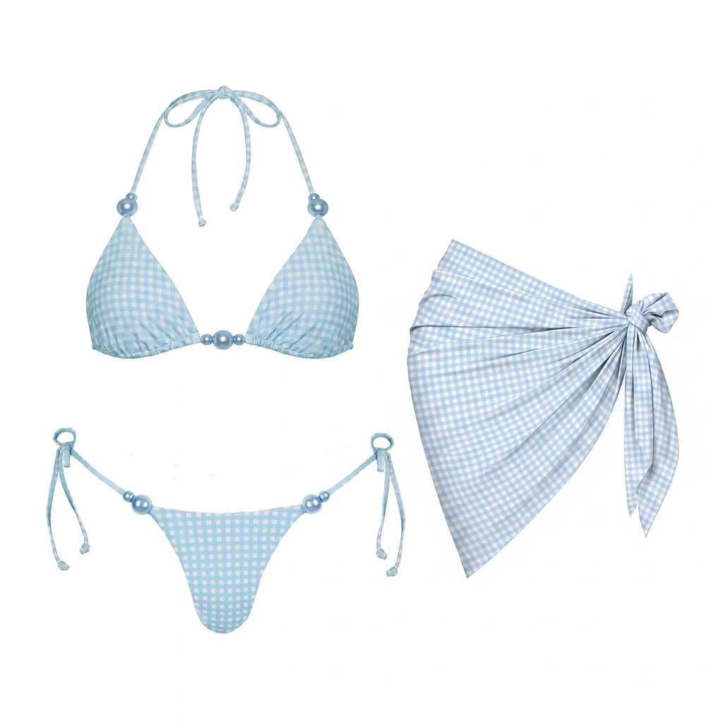 Light Blue Gingham Three-Piece Triangle Bikini Set with Pearl Embellishments