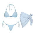Light Blue Gingham Three-Piece Triangle Bikini Set with Pearl Embellishments