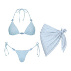 Light Blue Gingham Three-Piece Triangle Bikini Set with Pearl Embellishments