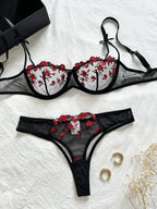 Vibrant Floral Rose Embroidery Sheer Underwire Lingerie Set