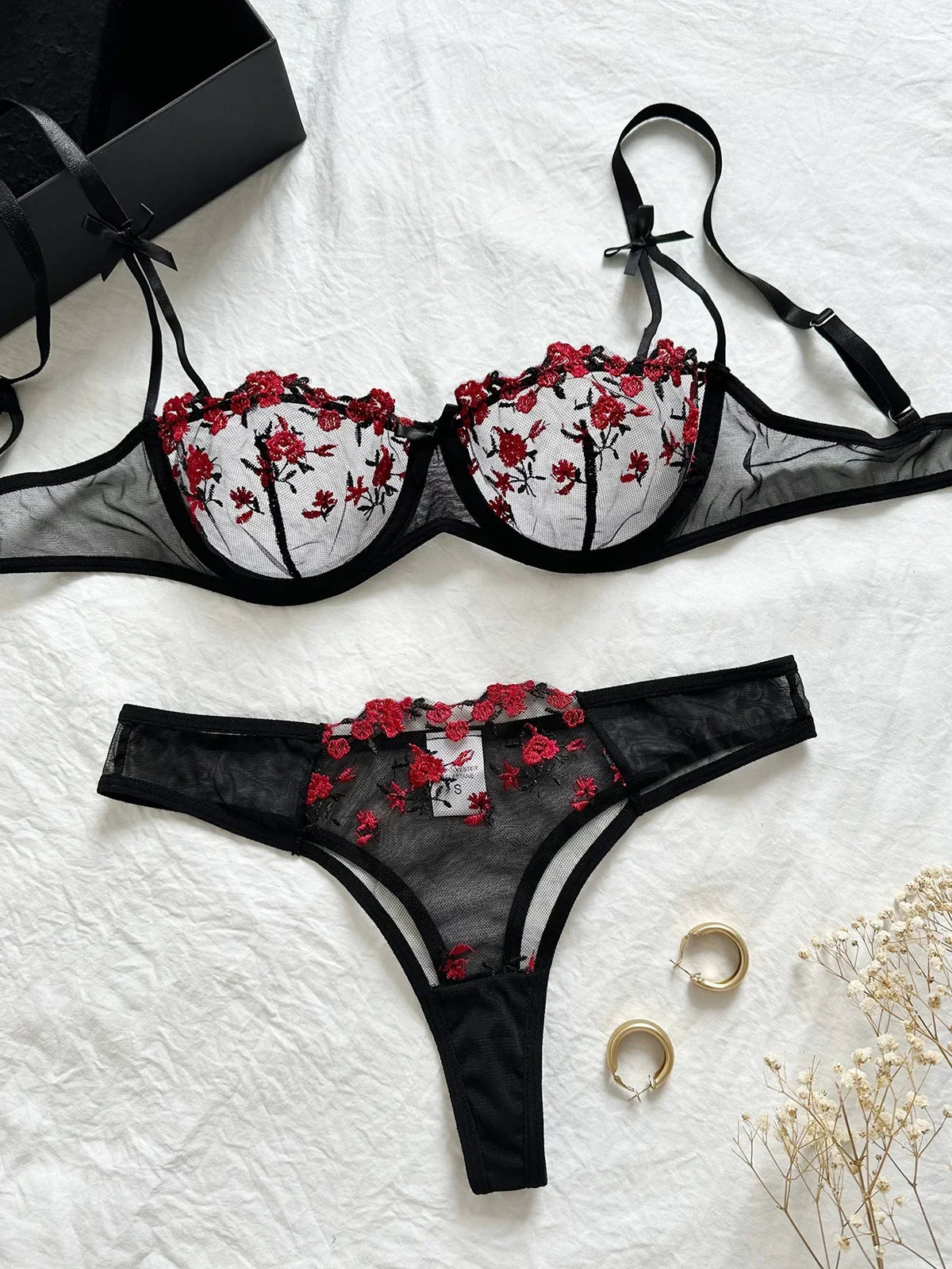 Vibrant Floral Rose Embroidery Sheer Underwire Lingerie Set