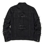 Men's Distressed Denim Jacket with Layered Patchwork Streetwear Design