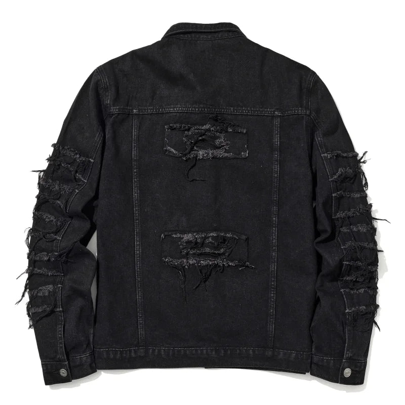 Men's Distressed Denim Jacket with Layered Patchwork Streetwear Design