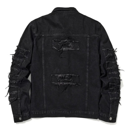 Men's Distressed Denim Jacket with Layered Patchwork Streetwear Design
