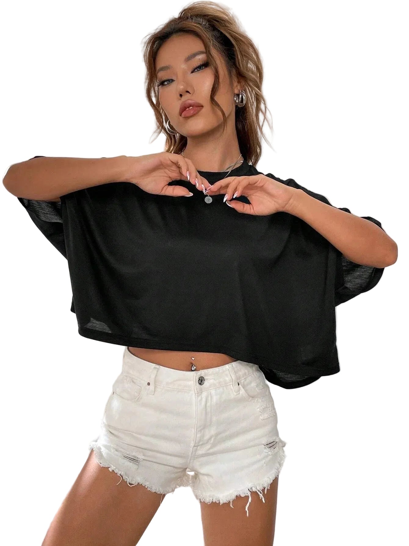 Batwing Sleeve Crop Tee with Relaxed Silhouette and Casual Streetwear Style