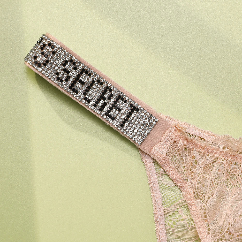 Delicate Eyelash Lace Trim Contour Bra and Thong Set with Crystal-Embellished Straps