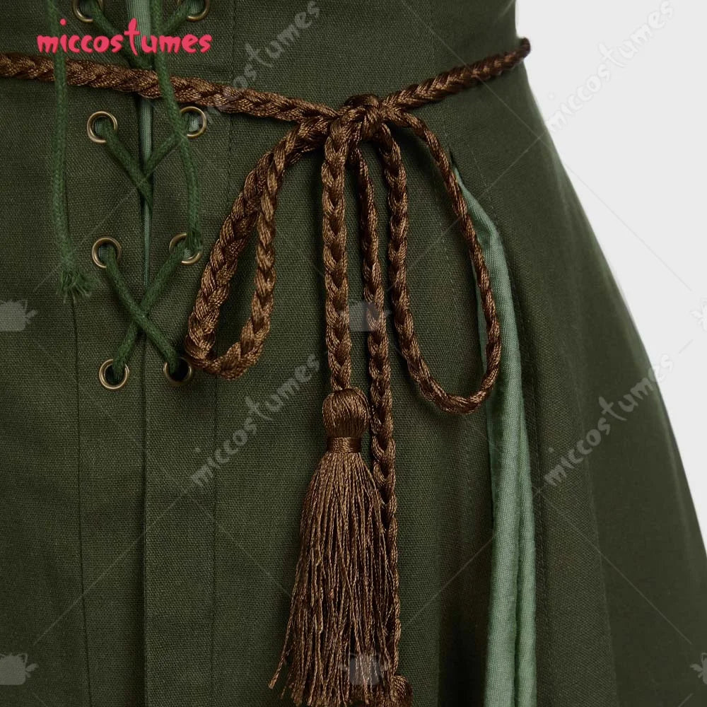 Women's Renaissance-Inspired Linen Blend Dress with Bell Sleeves and Adjustable Waist Belt