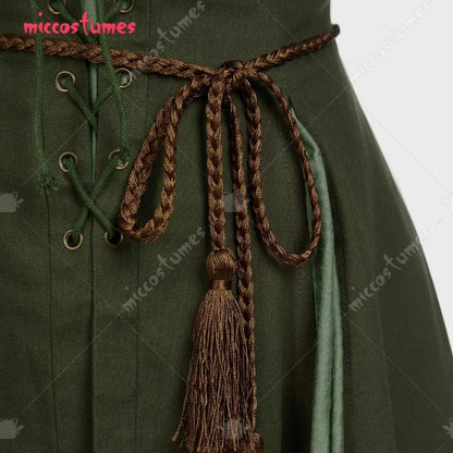 Women's Renaissance-Inspired Linen Blend Dress with Bell Sleeves and Adjustable Waist Belt