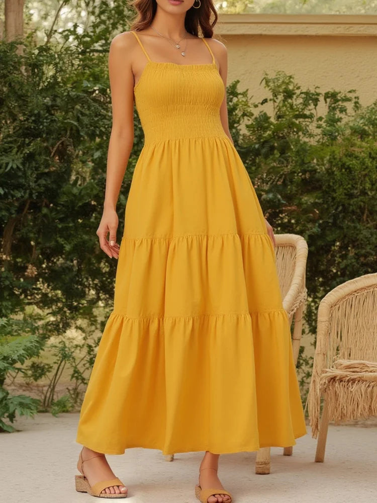 Vibrant Yellow Smocked Tiered Maxi Dress with Delicate Spaghetti Straps