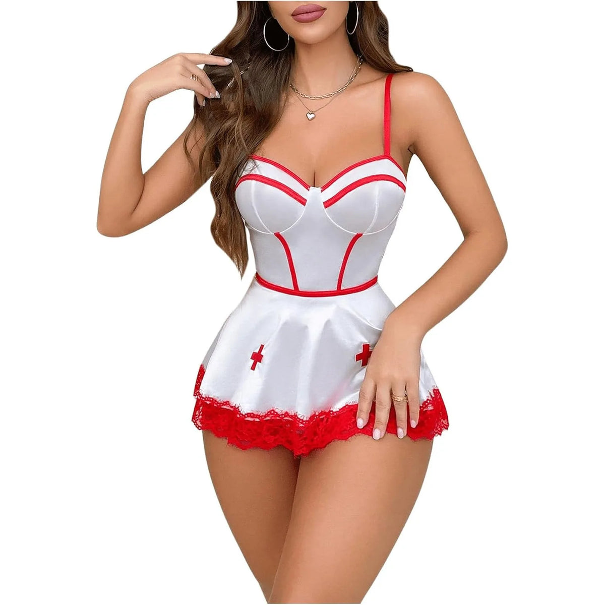 Playful Themed Mini Dress with Red Contrast Piping and Lace Trim