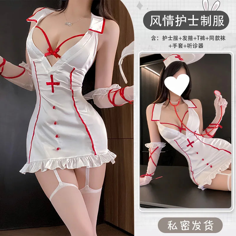Sleek White Nurse Roleplay Mini Dress with Strappy Red Accents and Matching Accessories