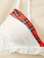 Playful Red Tartan Plaid Bralette and Pleated Mini Skirt Set