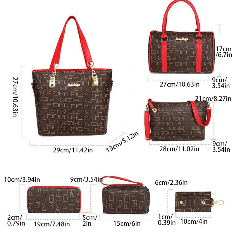 Six Piece Handbag Set with Tote Crossbody Wallet and Matching Accessories