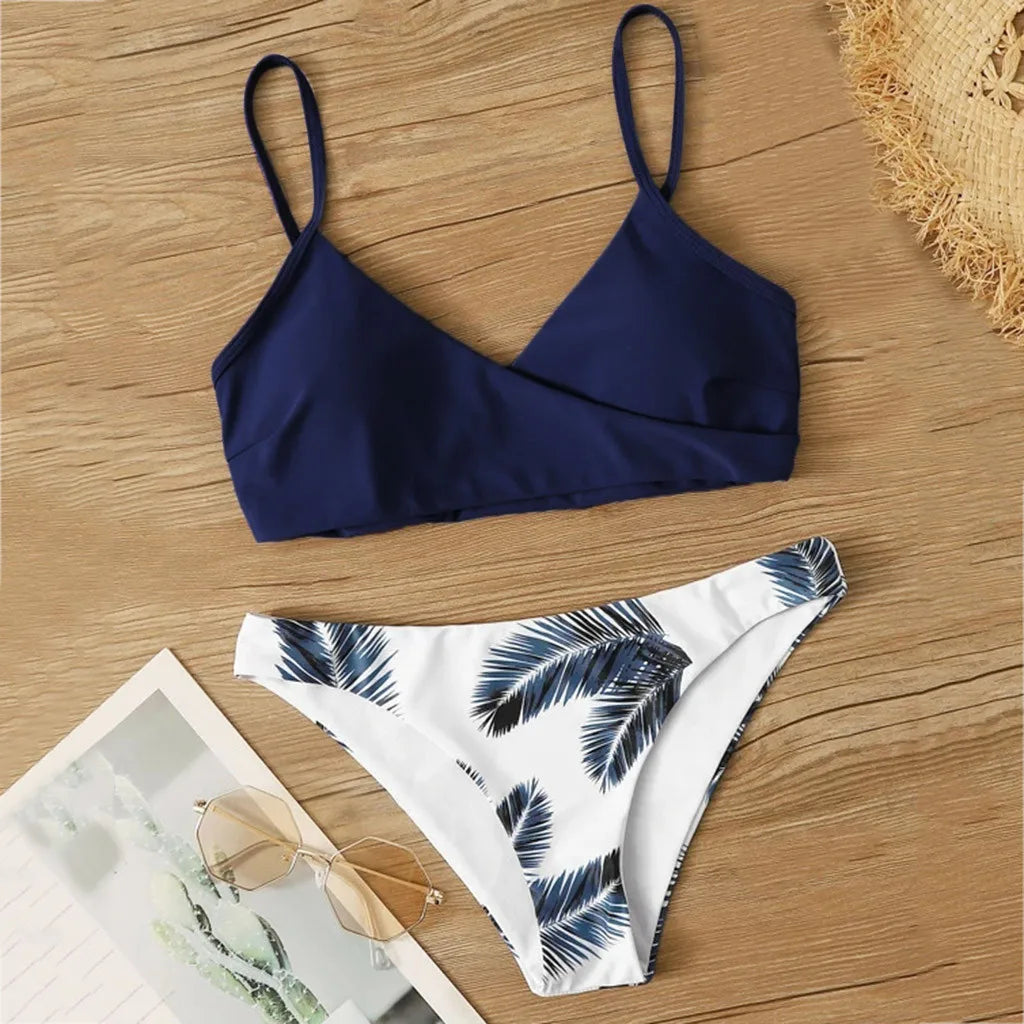 Two-Piece Swimsuit Set with Navy V-Neck Bralette and Botanical Print Bottoms