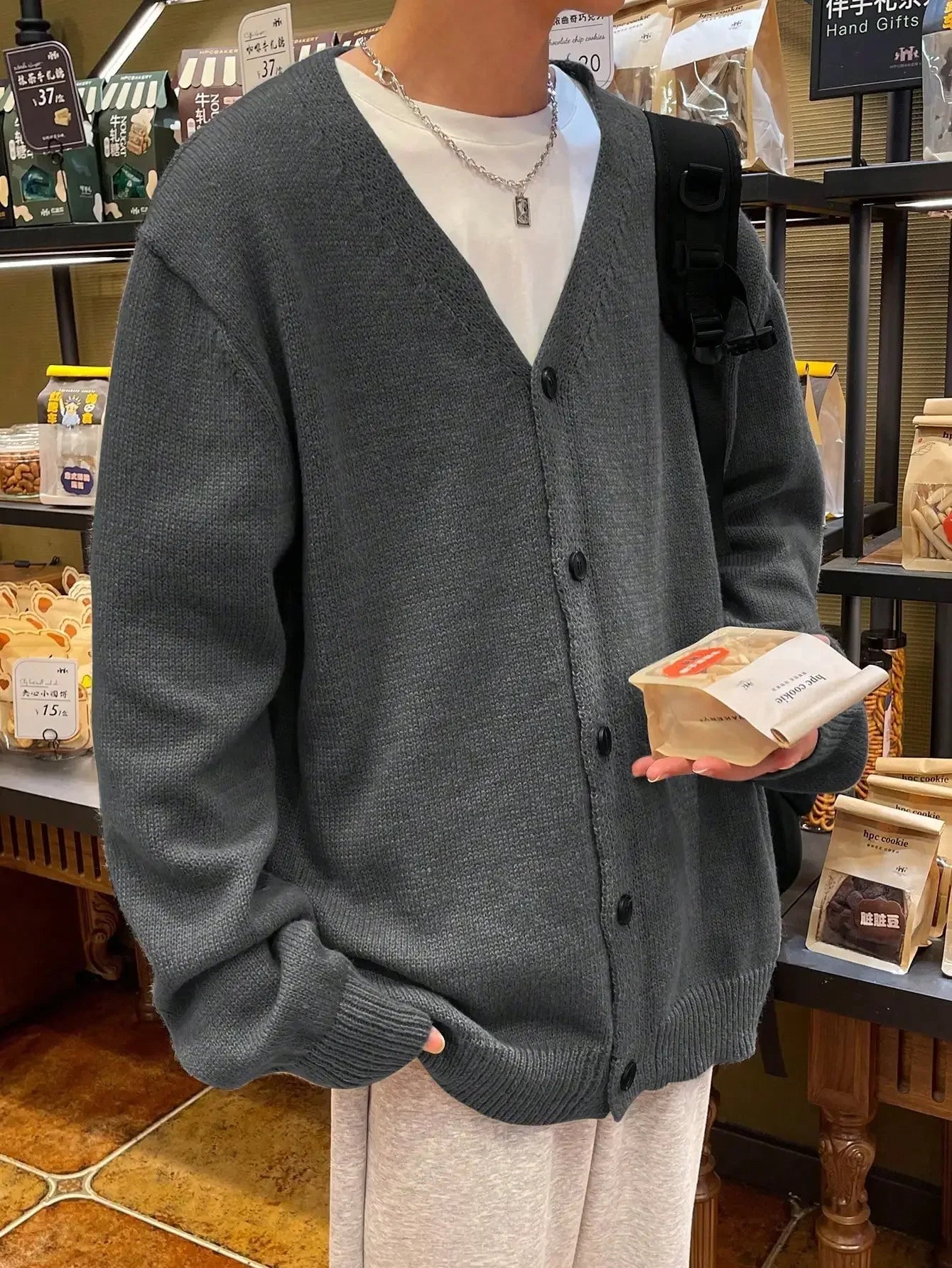 Men's Oversized Button Front Cardigan with Relaxed Drop Shoulder Knit Design