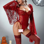 Romantic Red Floral Lace Bodysuit with Sheer Flared Sleeves and Lace-Up Side Detailing