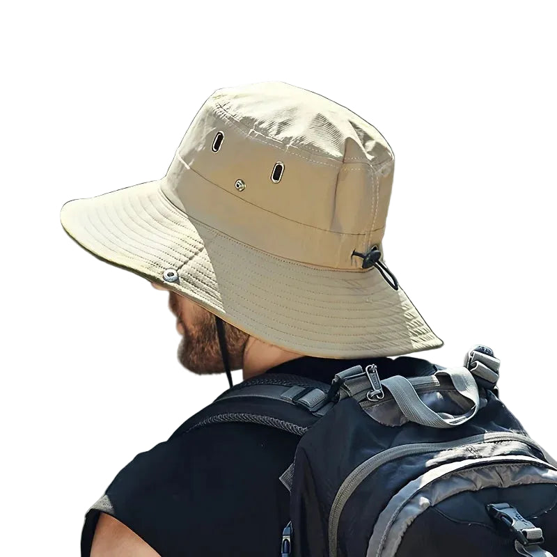 Unisex Wide Brim Bucket Sun Hat with Adjustable Chin Strap for Outdoor Adventures