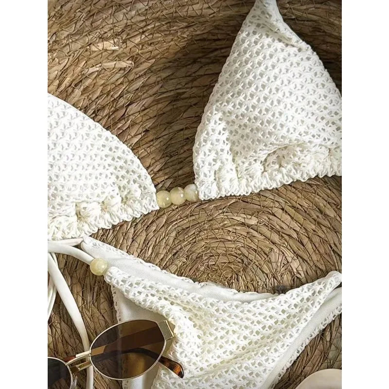 Textured Caramel Triangle String Bikini with Adjustable Side Ties