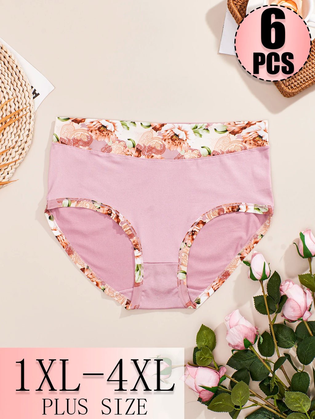 6-Piece Women’s Plus-Size High-Waisted Printed Panties Set with Feminine Floral Patterns and Classic Full Brief Silhouette