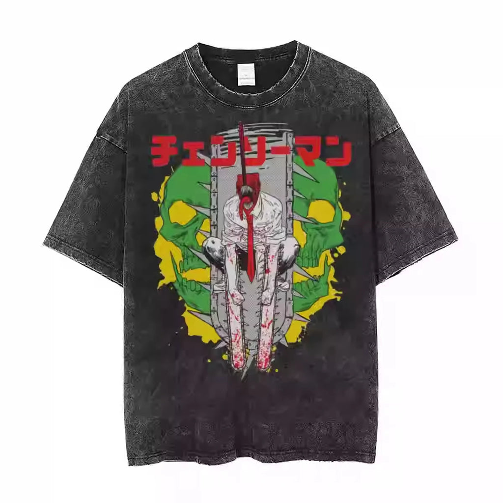 Infernal Mask Anime Graphic Oversized Washed Cotton T-Shirt