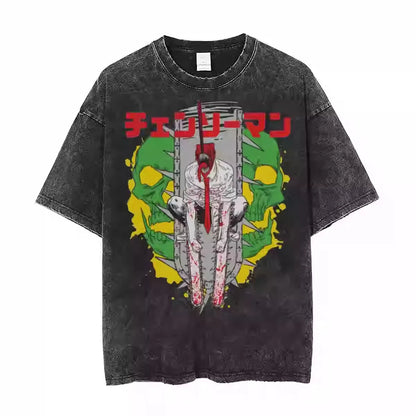 Infernal Mask Anime Graphic Oversized Washed Cotton T-Shirt