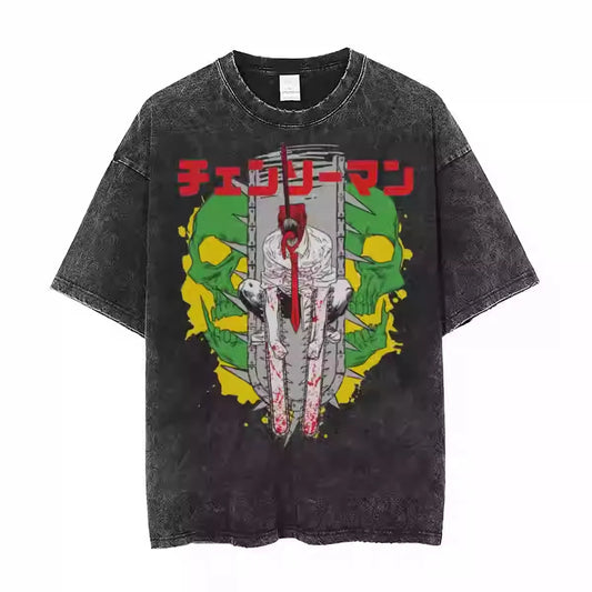 Infernal Mask Anime Graphic Oversized Washed Cotton T-Shirt