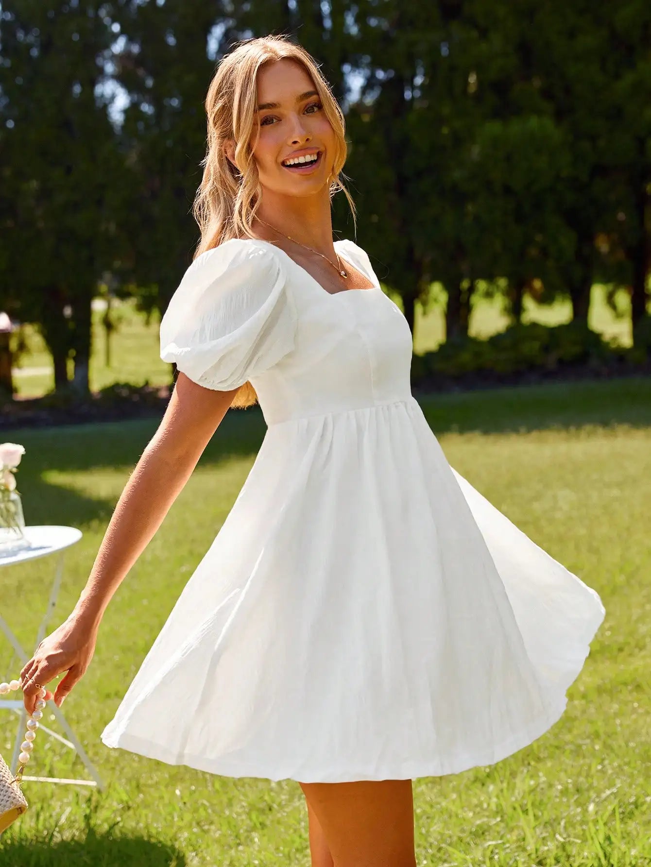 Square Neck Puff Sleeve Smocked Mini Dress with Relaxed A-Line Fit