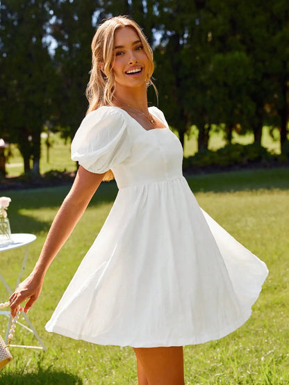 Square Neck Puff Sleeve Smocked Mini Dress with Relaxed A-Line Fit