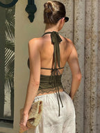 Ruched Halter Lace Crop Top with Open Back Contemporary Party Streetwear Style
