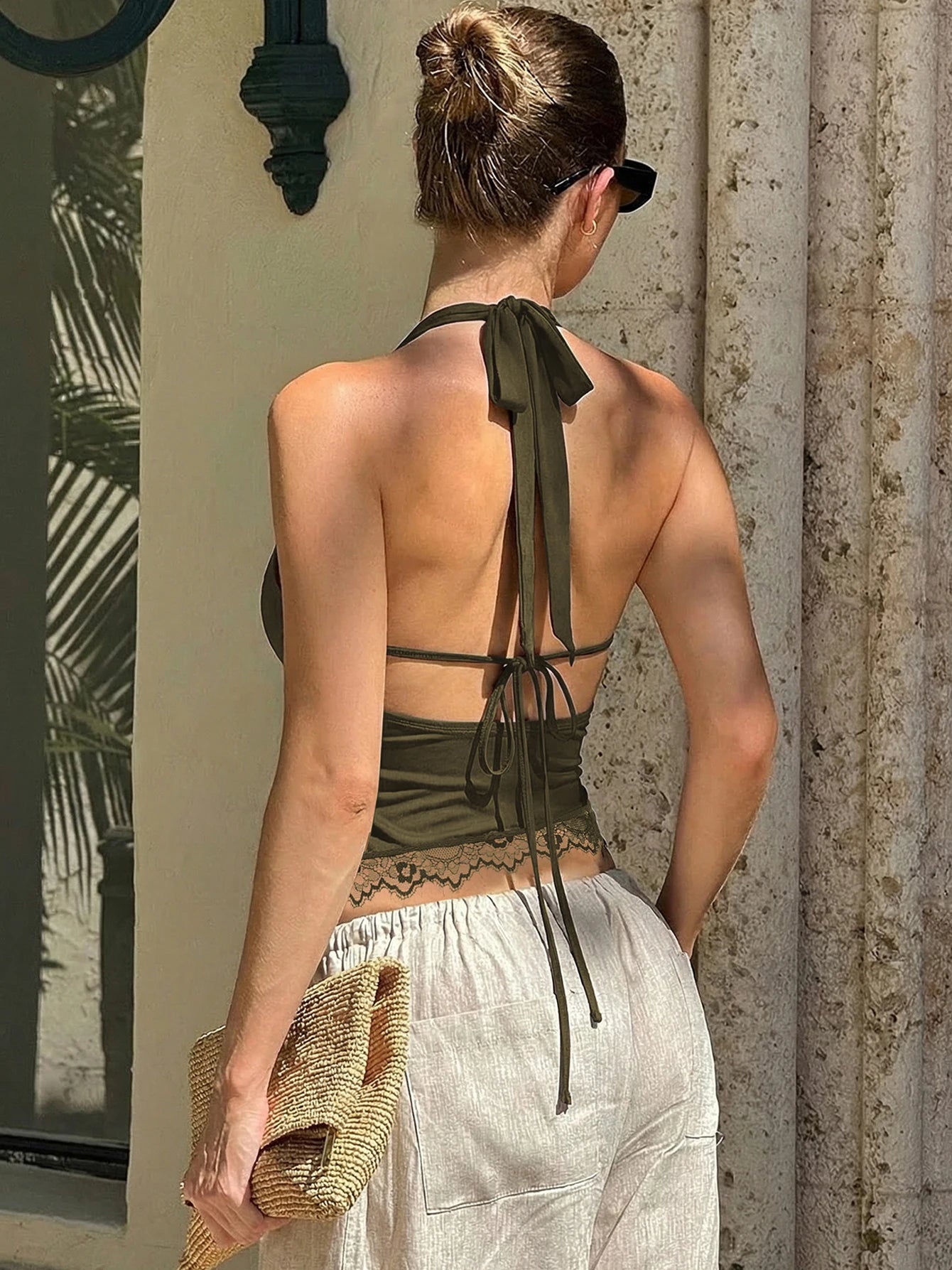 Ruched Halter Lace Crop Top with Open Back Contemporary Party Streetwear Style