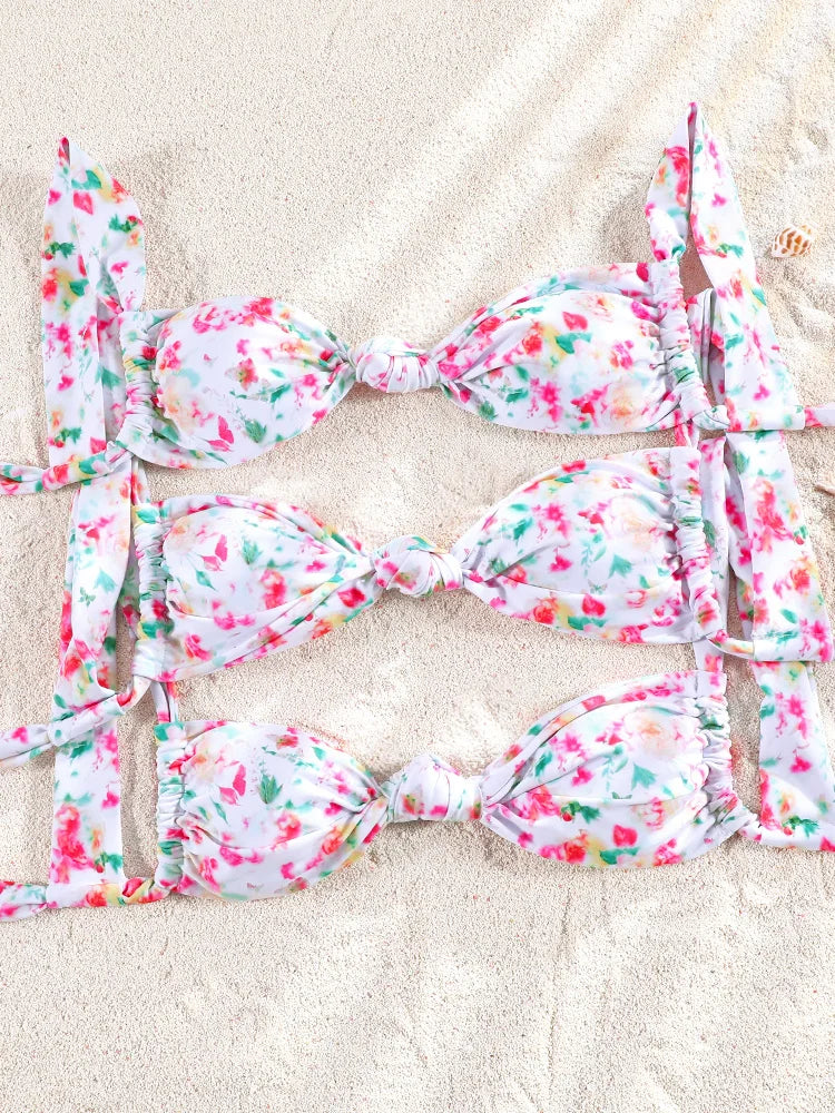 Vibrant Floral Knotted Bralette Bikini Set with Double-Strap Bottoms
