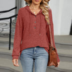 Women's Ribbed Knit Hooded Sweater with Relaxed Fit for Cozy Everyday Layering