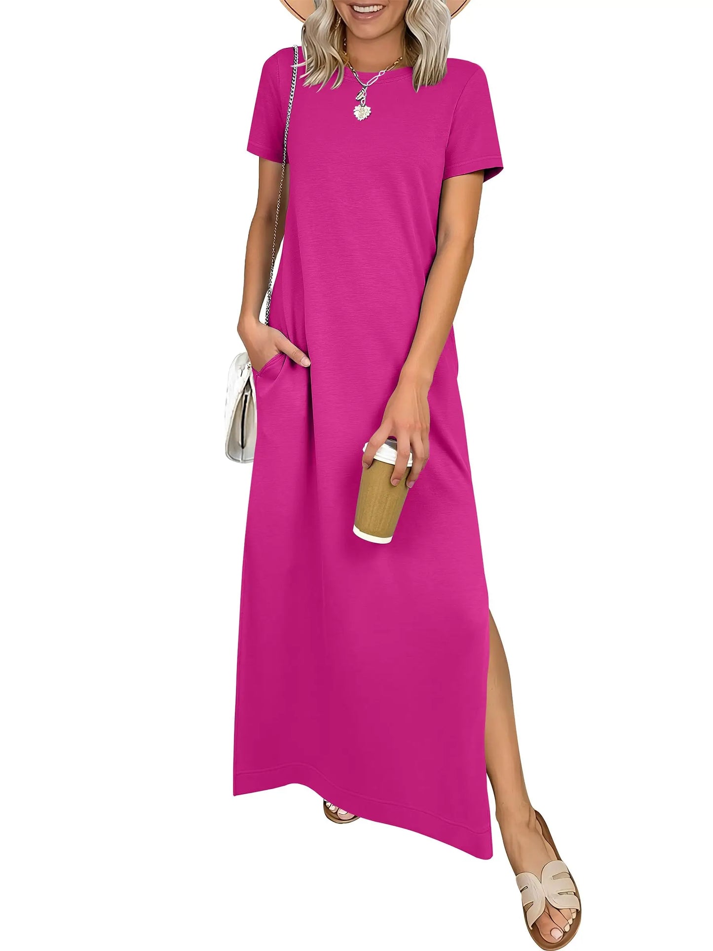 Relaxed Crew Neck Maxi Dress with Side Slits and Functional Pockets