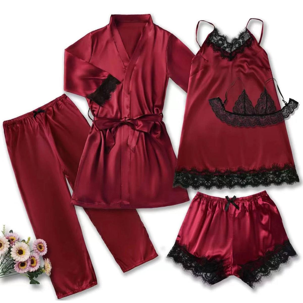 5-Piece Pink Satin-Style Sleepwear Collection with Striking Black Scalloped Lace Trim