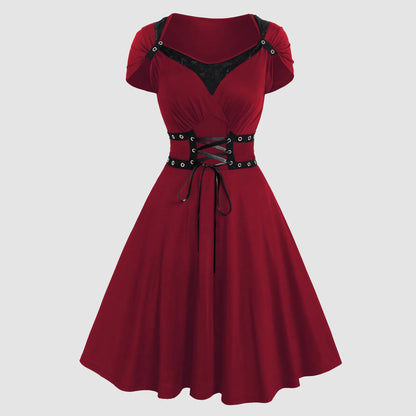 Alternative Gothic Fit and Flare Dress with Corset-Inspired Waist Detailing