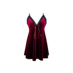 Plush Burgundy Velvet A-Line Chemise with Black Lace Trim