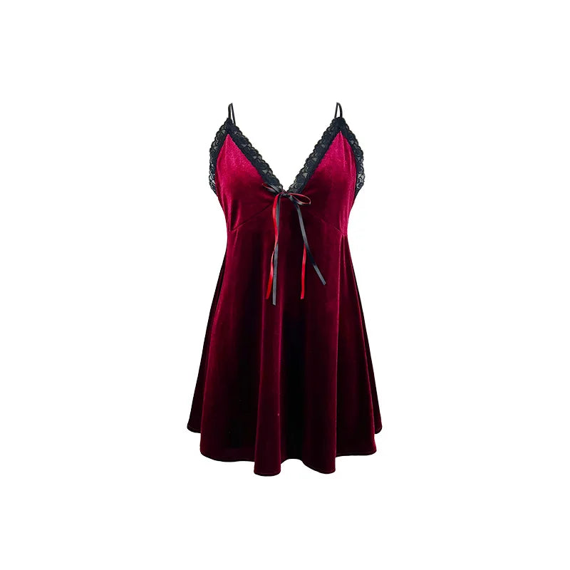 Plush Burgundy Velvet A-Line Chemise with Black Lace Trim