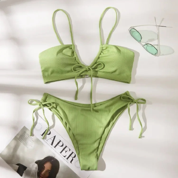 Ribbed Light Green Bralette Bikini with Center Tie Detail